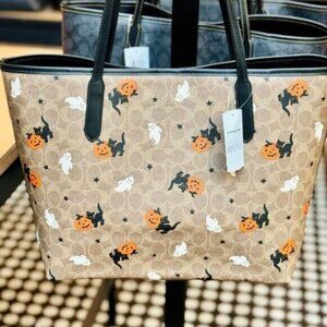 Coach City Tote In Signature Canvas With Halloween Print # CW450